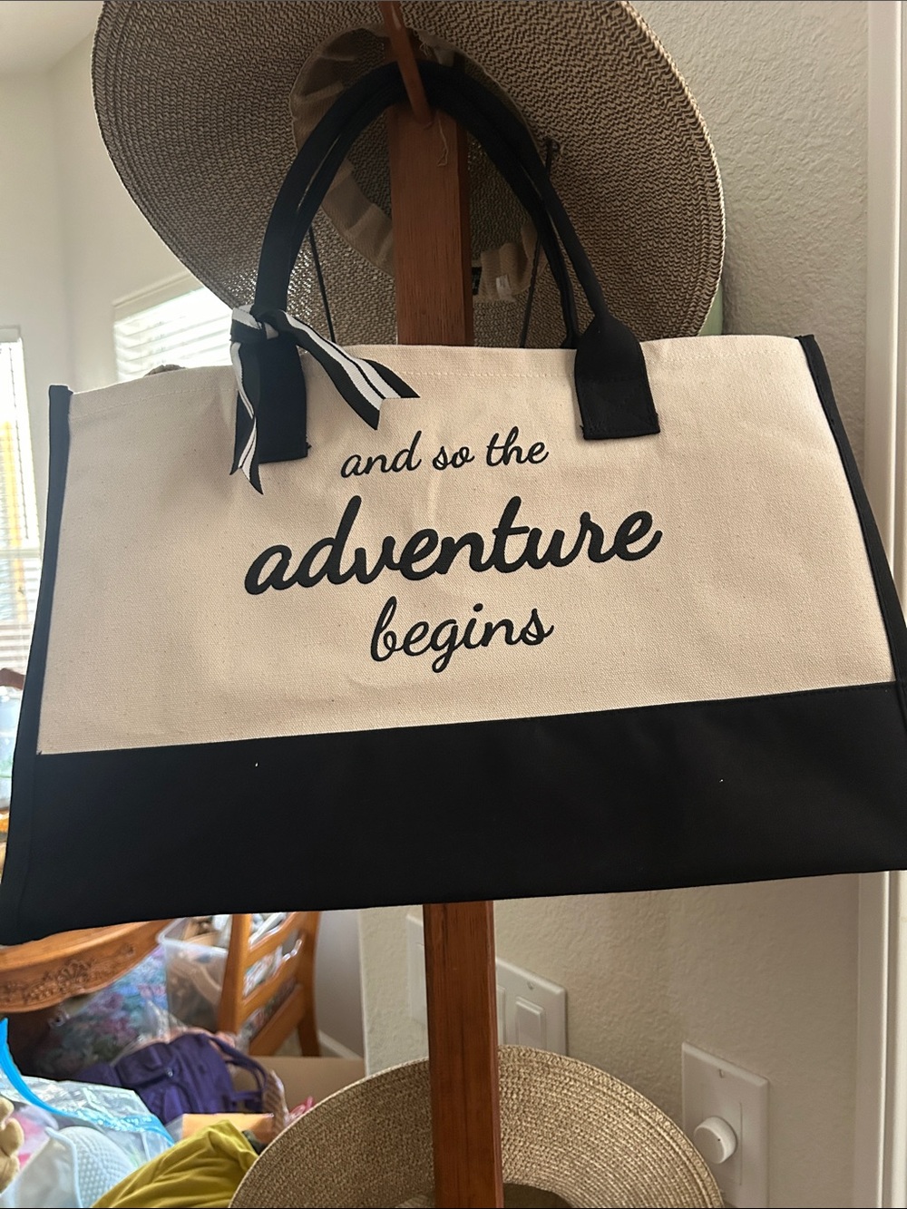 Canvas Tote Bag - Black & Cream 'And So The Adventure Begins'